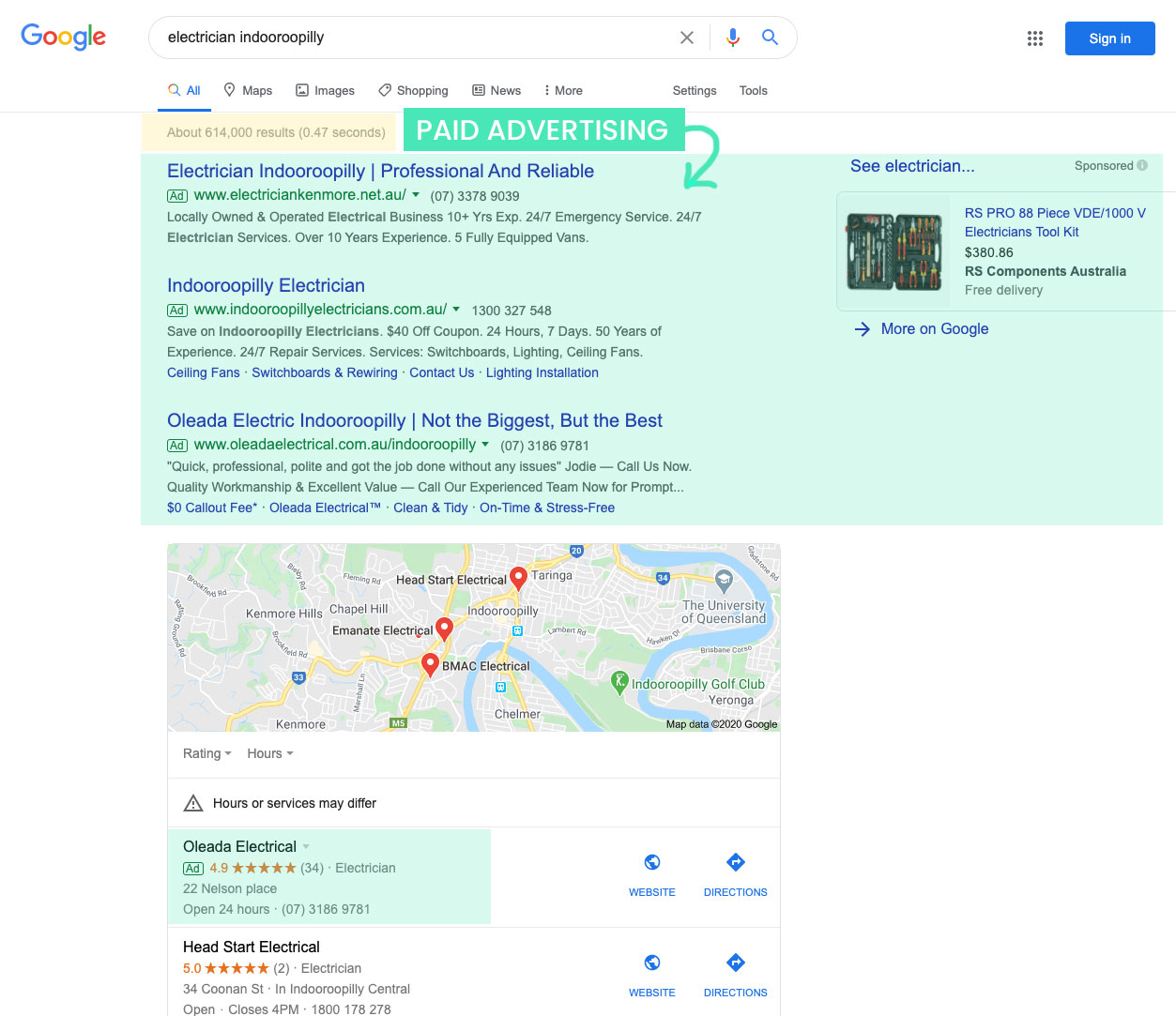 Google search results showing paid ads